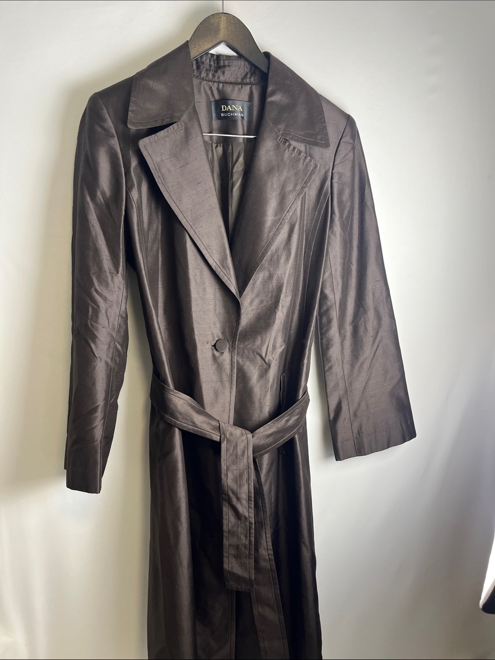 Dana Buchman Chocolate Brown Silk Long Trench with Waist Tie